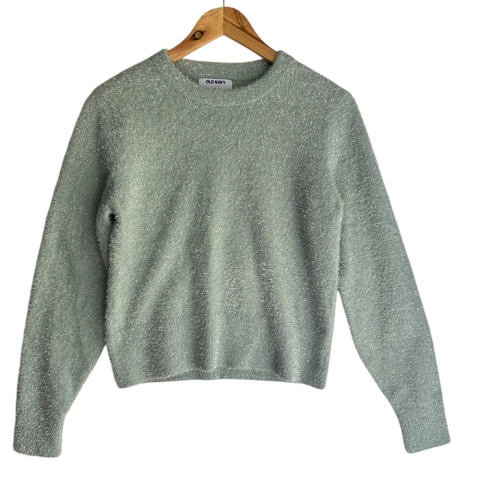 Old Navy Fuzzy Sparkly Sweater Knit Crew Neck Green Glam Small Comfy Holiday NWT
